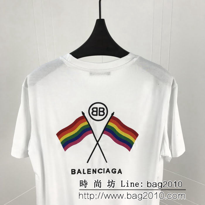 BALENCIAGA巴黎世家  19早春新款 刺繡彩旗 純棉男款白色短袖 ydi1764
